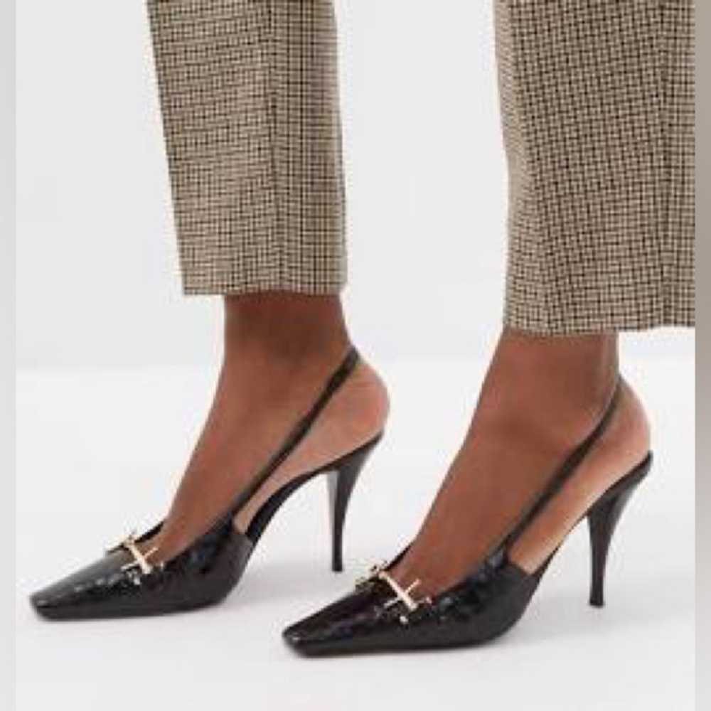 SAINT LAURENT BLADE SLINGBACK PUMPS IN CROCODILE-EMBOSSED PATENT LEATHER